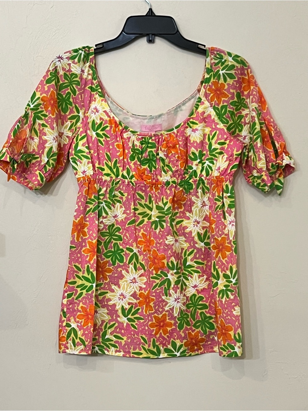 LILLY PULITZER Yellow Pink Green Orange Floral SS Empire Waist Womens Blouse 4